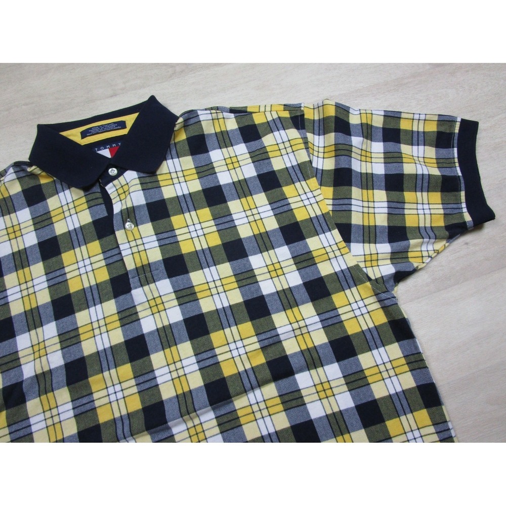 Tommy Hilfiger Men's Short Sleeve Cotton Polo Shirt Yellow & Blue Checkered (M)